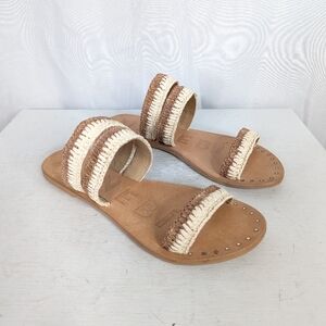 Manebi Raffia Stripe Slides Leather Sandals - Size 10